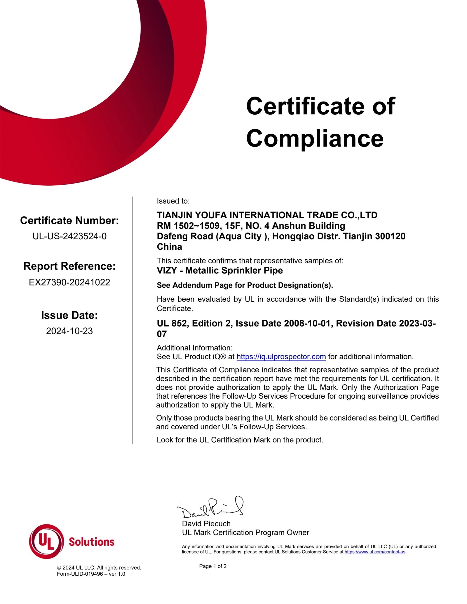UL Certificates For Fire Sprinkler Pipe USA UL Certificates For Fire Sprinkler Pipe USA